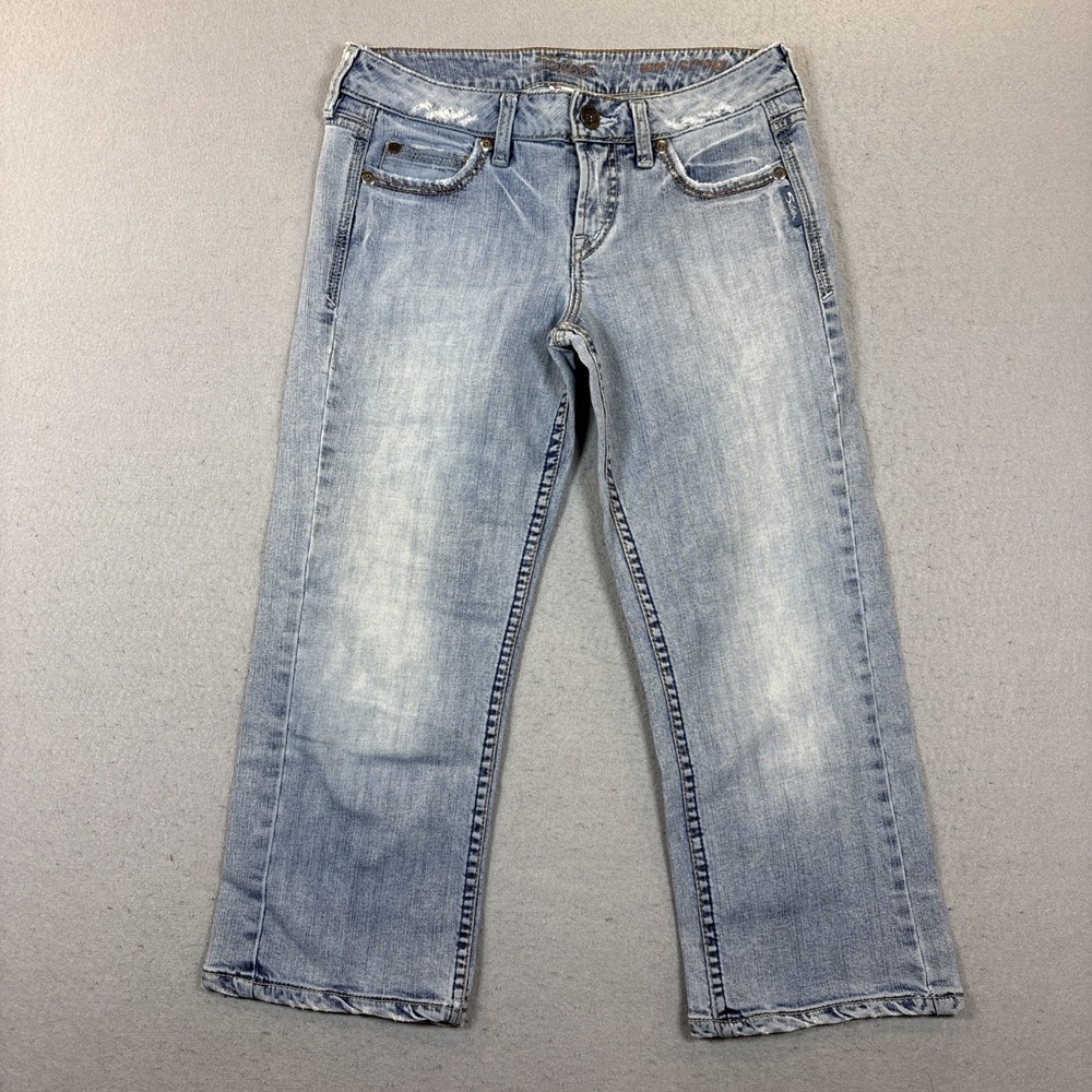 Silver Jeans Women's Size 27 Blue Denim, Lexi-Crop Pockets Distressed